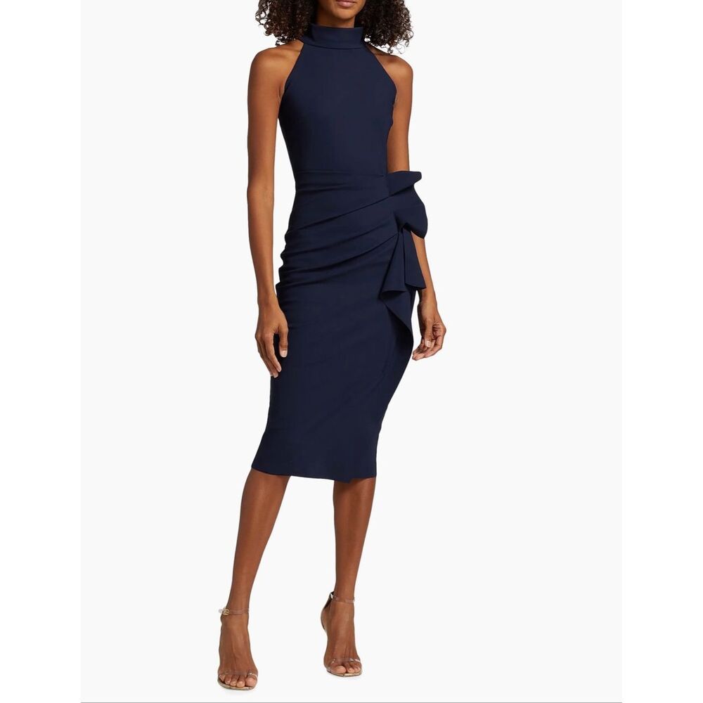 Chiara Boni La Petite Robe Halter Ruffle Midi Dress in Blue Notte US 2 $695 - Picture 2 of 14